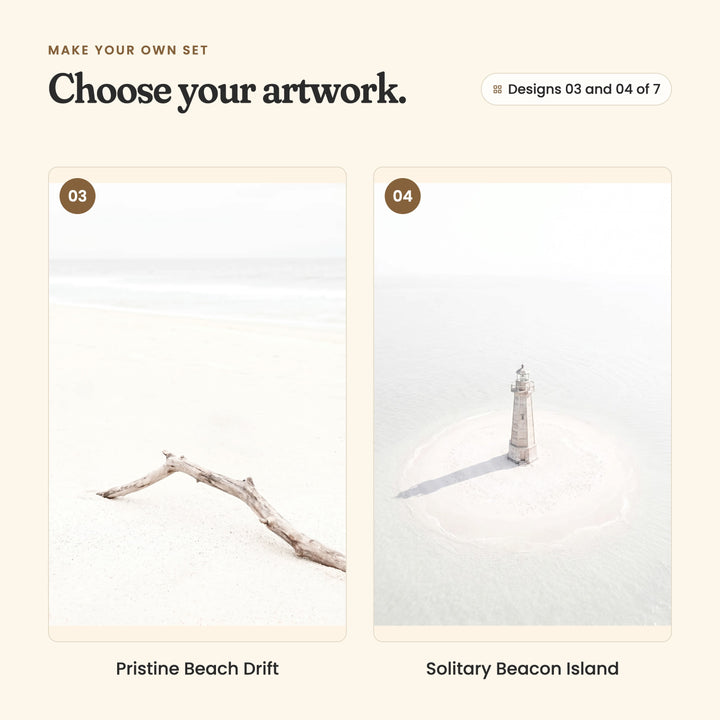 Designs 03 and 04 of 7: Pristine Beach Drift, a bleached driftwood branch on pale sand by the sea, and Solitary Beacon Island, a small white lighthouse on a round sandbar in pale water