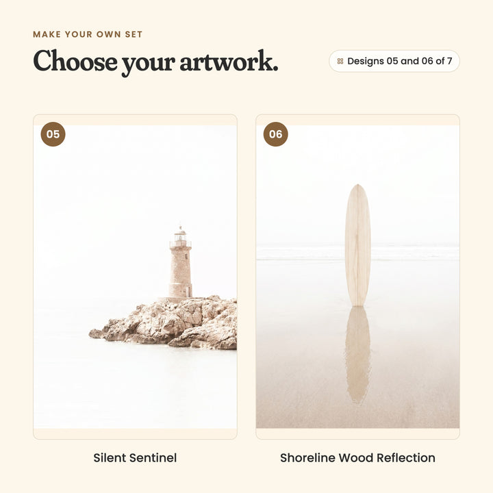 Designs 05 and 06 of 7: Silent Sentinel, a lighthouse on a rocky outcrop in still pale water, and Shoreline Wood Reflection, a wooden surfboard standing upright in shallow water with its reflection