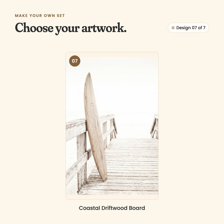 Design 07 of 7: Coastal Driftwood Board, a wooden surfboard leaning on a boardwalk railing