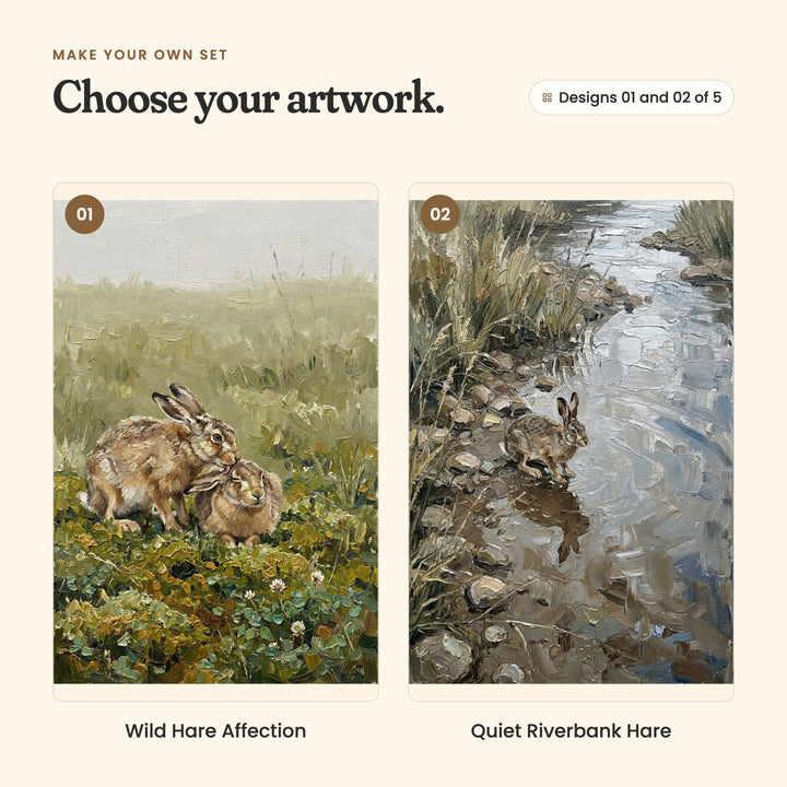 Designs 01 and 02 of 5: Wild Hare Affection, two brown hares nuzzling in a green meadow dotted with clover, and Quiet Riverbank Hare, a brown hare at the edge of a rocky stream, reflected in the water