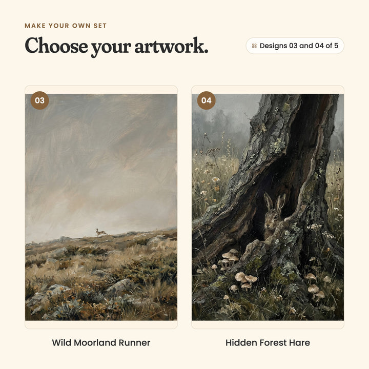 Designs 03 and 04 of 5: Wild Moorland Runner, a tiny brown hare running far off across a wide moor under a soft grey sky, and Hidden Forest Hare, a brown hare peeking out of a hollow tree trunk with little mushrooms