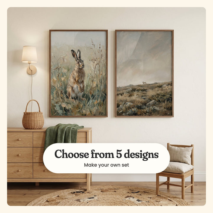 Cream wall with two hare prints in dark wood frames beside a wall lamp, above a light wood dresser with a green throw and a wicker basket, next to a little wooden chair: Wild Meadow Hare and Wild Moorland Runner, labeled Choose from 5 designs, Make your own set