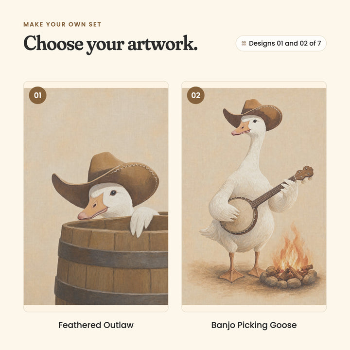 Designs 01 and 02 of 7: Feathered Outlaw, a goose in a big cowboy hat peeking out of a barrel, and Banjo Picking Goose, a goose playing a banjo by a campfire