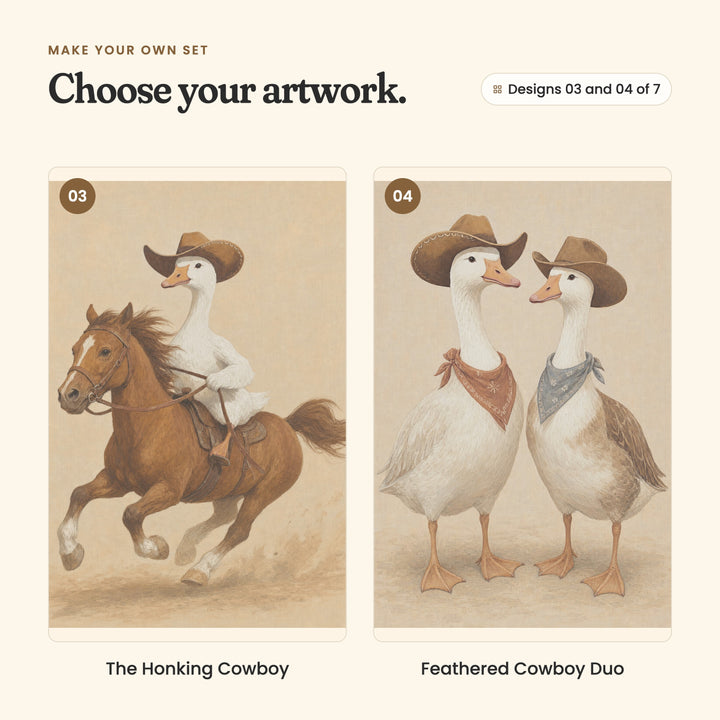 Designs 03 and 04 of 7: The Honking Cowboy, a goose riding a galloping chestnut horse, and Feathered Cowboy Duo, two geese in cowboy hats and bandanas