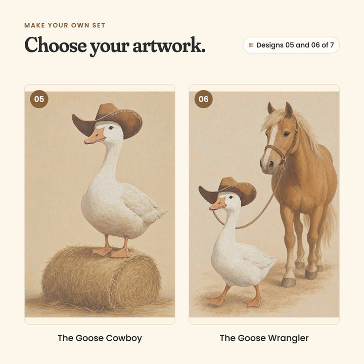 Designs 05 and 06 of 7: The Goose Cowboy, a goose standing on a hay bale, and The Goose Wrangler, a goose leading a palomino pony on a rope
