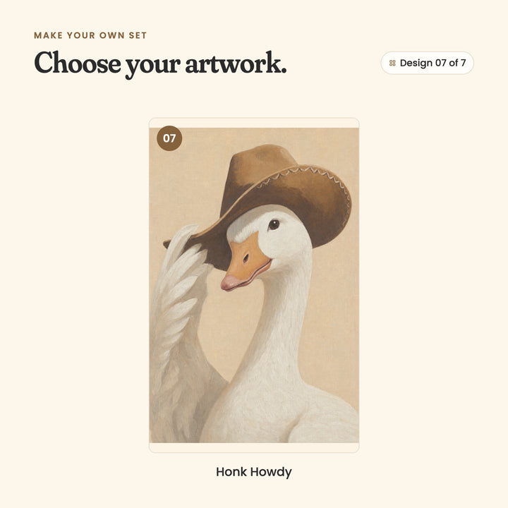 Design 07 of 7: Honk Howdy, a goose tipping its cowboy hat with one wing
