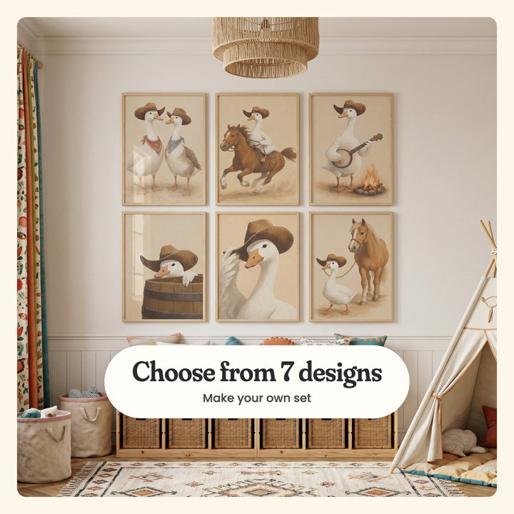 Playroom with six cowboy goose prints in light wood frames above a low cubby shelf with woven baskets and cushions, beside a play tent and patterned curtains under a woven pendant light, labeled Choose from 7 designs, Make your own set
