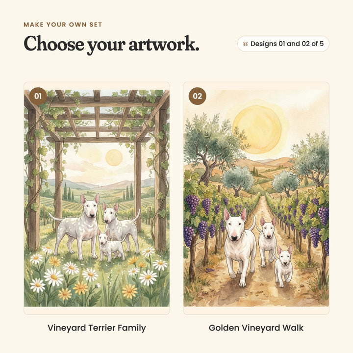 Designs 01 and 02 of 5: Vineyard Terrier Family, a bull terrier family under a leafy pergola among daisies, and Golden Vineyard Walk, three bull terriers walking down a dirt path between rows of grapes