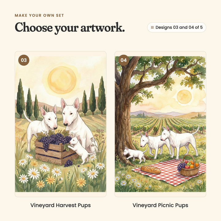 Designs 03 and 04 of 5: Vineyard Harvest Pups, two bull terriers and a puppy at a wooden crate full of purple grapes, and Vineyard Picnic Pups, bull terriers beside a red gingham picnic blanket with bread and fruit under a tree