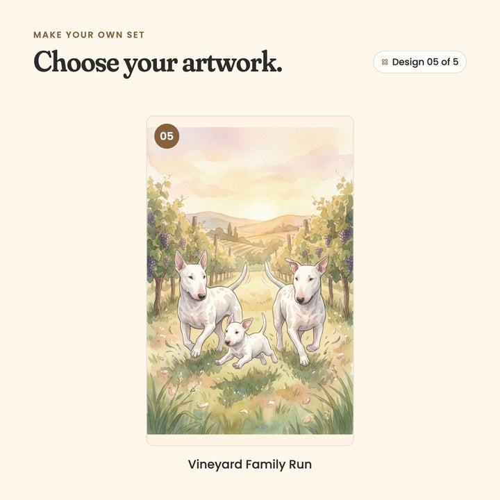Design 05 of 5: Vineyard Family Run, two bull terriers and a puppy running through the grass between the vines