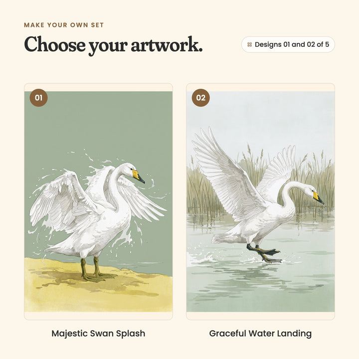 Designs 01 and 02 of 5: Majestic Swan Splash, a swan stretching its wings on a sandy bank, shaking off water, and Graceful Water Landing, a swan landing on the water with its wings raised by the reeds