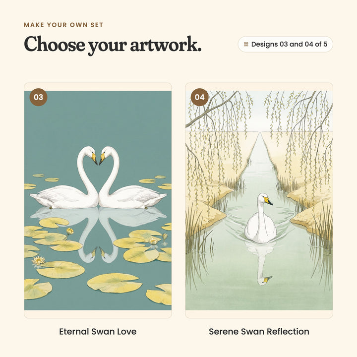 Designs 03 and 04 of 5: Eternal Swan Love, two swans forming a heart on teal water among lily pads, and Serene Swan Reflection, a swan gliding down a still channel under willow branches