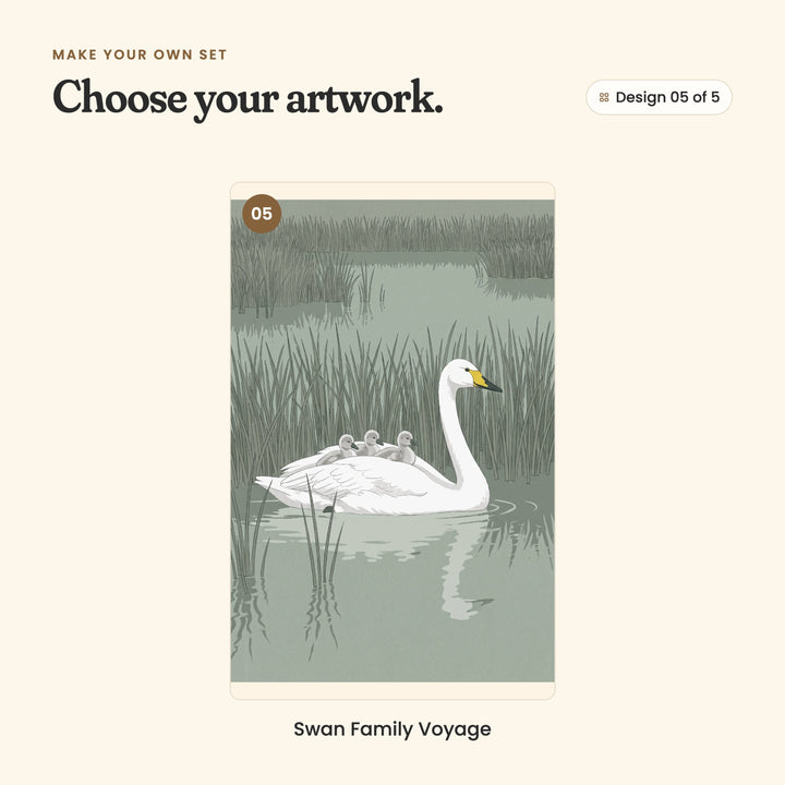 Design 05 of 5: Swan Family Voyage, a swan swimming with three grey cygnets on its back