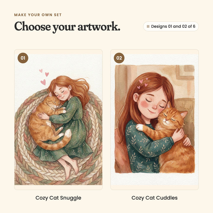 Designs 01 and 02 of 6: Cozy Cat Snuggle, the girl curled up asleep with her cat on a braided rug, and Cozy Cat Cuddles, the girl hugging her cat, both with their eyes closed