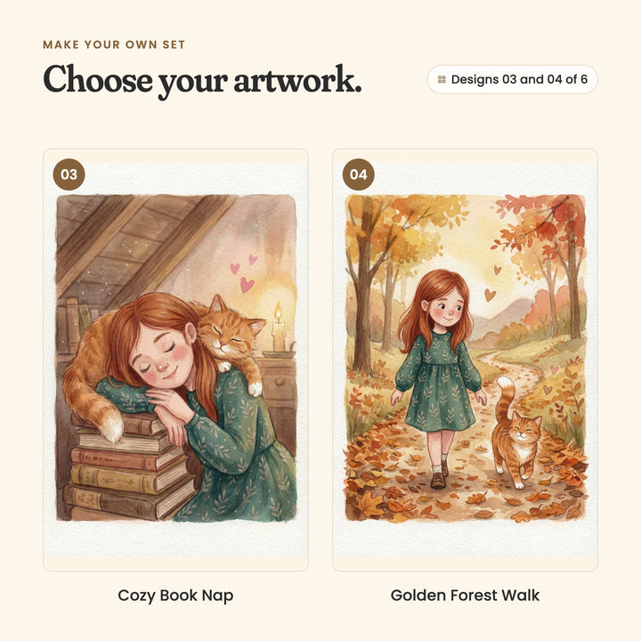 Designs 03 and 04 of 6: Cozy Book Nap, the girl and her cat napping on a stack of books by a candle, and Golden Forest Walk, the girl and her cat walking down an autumn path of orange leaves