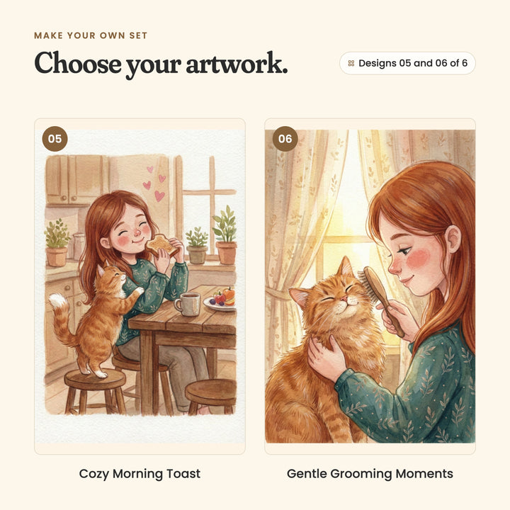 Designs 05 and 06 of 6: Cozy Morning Toast, the girl eating toast at a kitchen table while her cat reaches up to her, and Gentle Grooming Moments, the girl brushing her cat by a sunny window