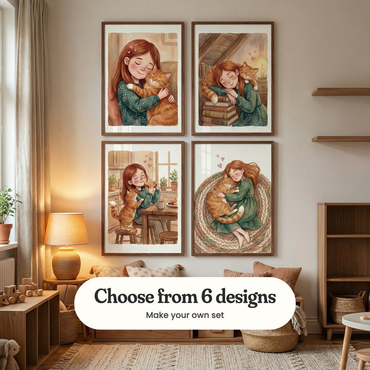 Warm beige nursery with four girl and cat prints in dark wood frames in two rows above a low wood bench with cushions, beside a glowing table lamp, wood shelves and a window: Cozy Cat Cuddles, Cozy Book Nap, Cozy Morning Toast and Cozy Cat Snuggle, with a label reading Choose from 6 designs, Make your own set