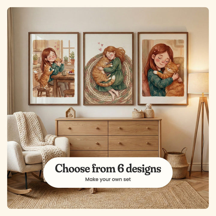 Cream room with three girl and cat prints in dark wood frames above a light wood dresser, beside a cream rocking chair with a knit throw and a tripod floor lamp: Cozy Morning Toast, Cozy Cat Snuggle and Cozy Cat Cuddles, labeled Choose from 6 designs, Make your own set