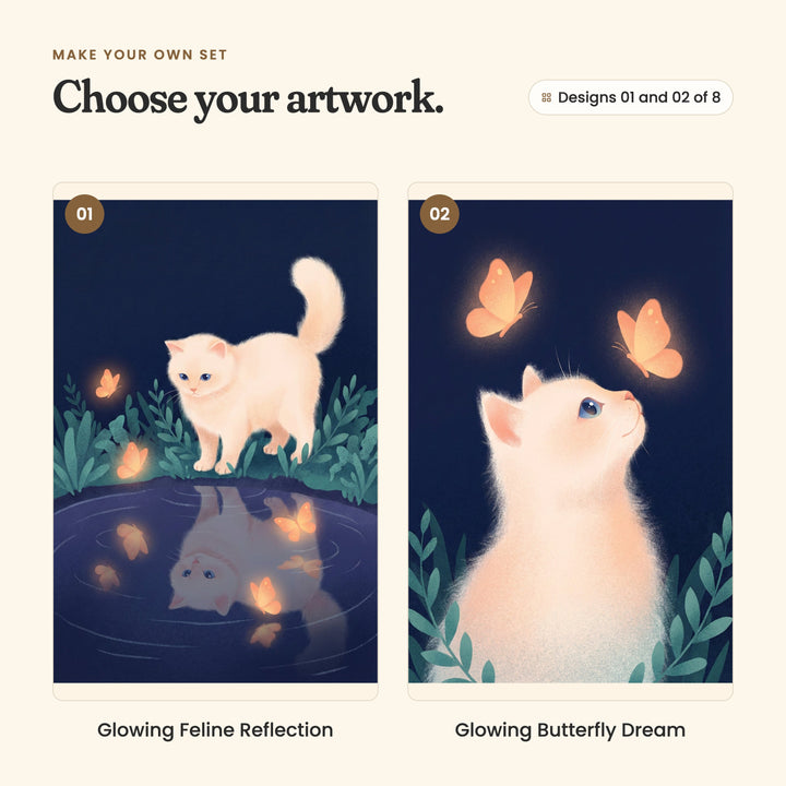 Designs 01 and 02 of 8: Glowing Feline Reflection, a kitten at the edge of a pond looking at its reflection among glowing butterflies, and Glowing Butterfly Dream, a white kitten gazing up at two glowing butterflies