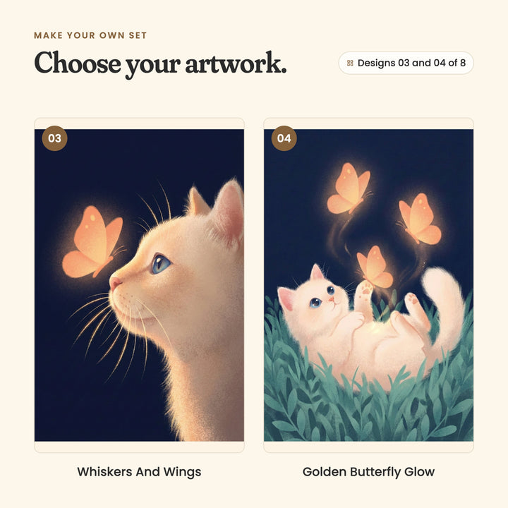 Designs 03 and 04 of 8: Whiskers And Wings, a cream cat in close profile, face to face with a glowing butterfly, and Golden Butterfly Glow, a kitten rolling on its back in the leaves, reaching for butterflies