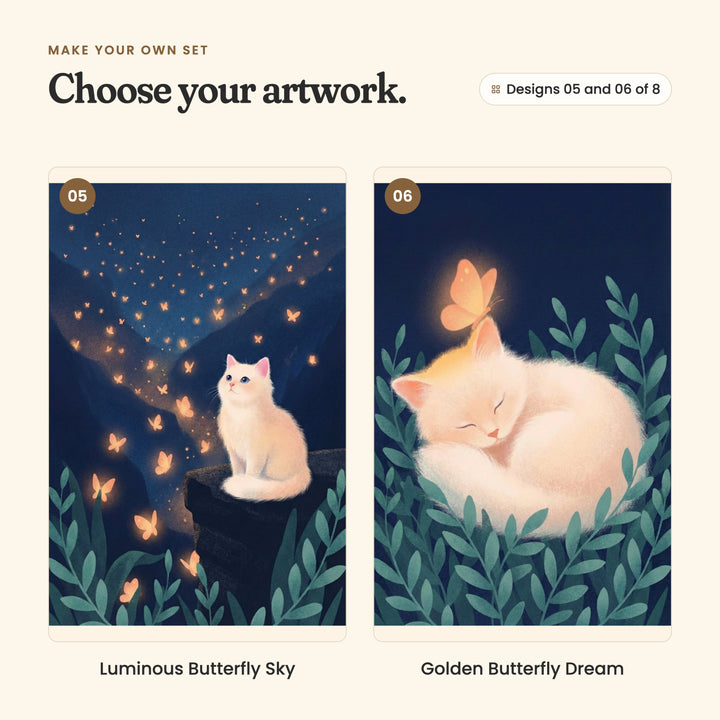 Designs 05 and 06 of 8: Luminous Butterfly Sky, a kitten sitting on a rocky ledge, looking out over a valley full of glowing butterflies, and Golden Butterfly Dream, a kitten curled up asleep with a butterfly on its ear