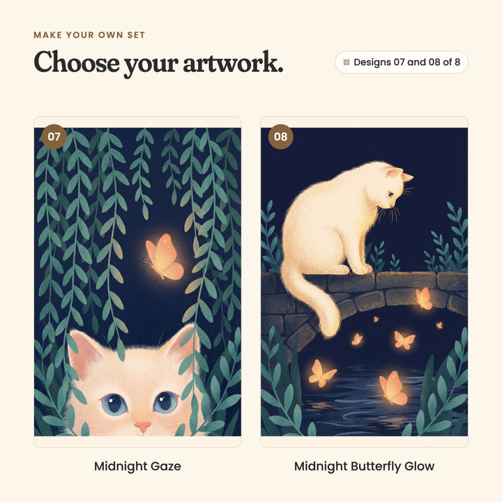 Designs 07 and 08 of 8: Midnight Gaze, a kitten peeking through hanging willow leaves at a butterfly, and Midnight Butterfly Glow, a cat on a stone bridge watching butterflies over the water