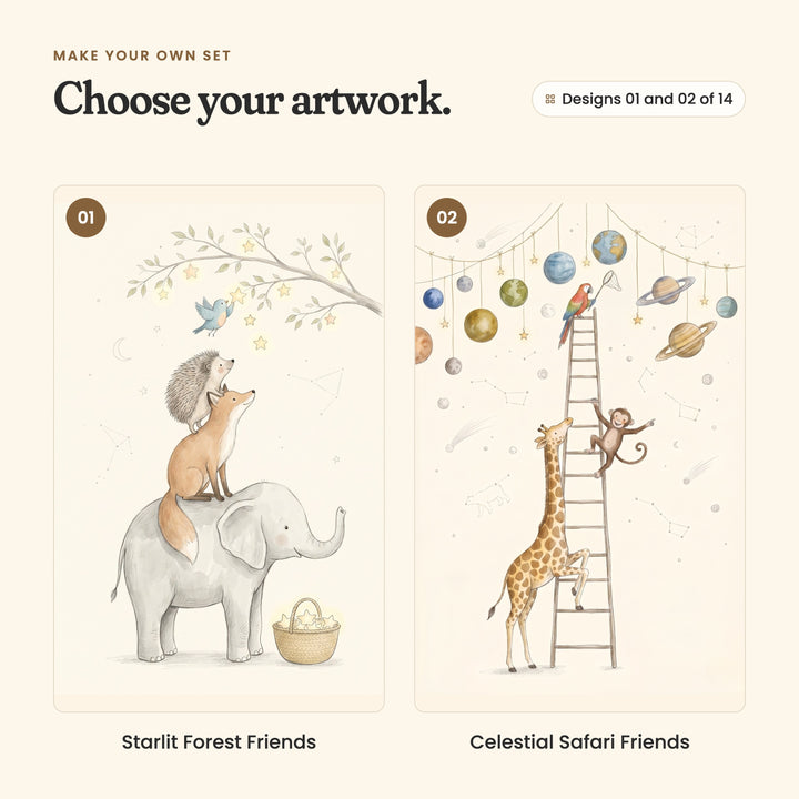Designs 01 and 02 of 14: Starlit Forest Friends, a hedgehog and fox riding an elephant toward glowing stars, and Celestial Safari Friends, a giraffe, monkey and parrot on a ladder catching planets