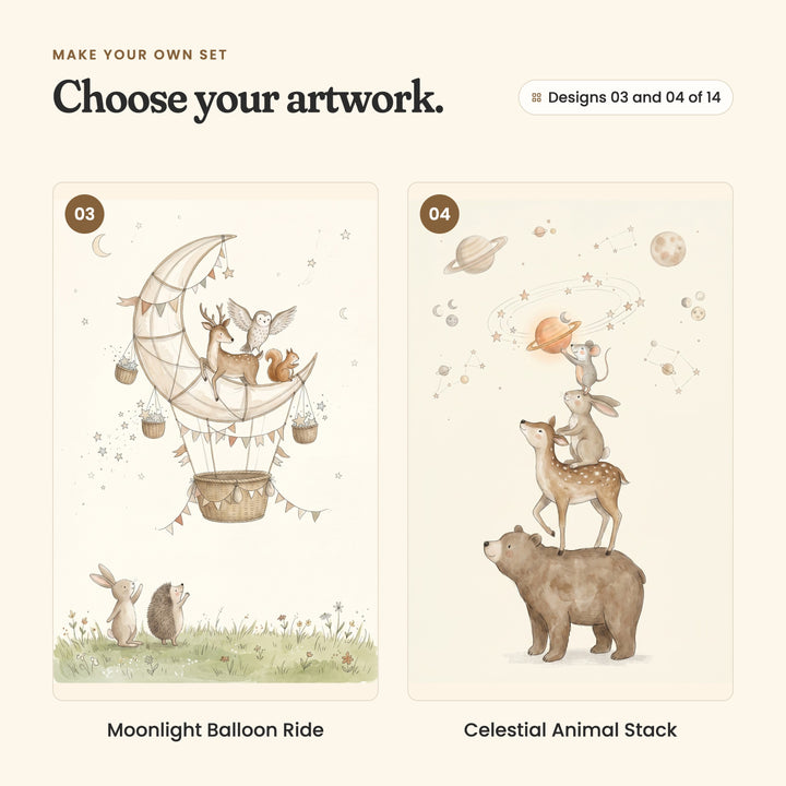 Designs 03 and 04 of 14: Moonlight Balloon Ride, a deer, owl and squirrel in a crescent moon balloon, and Celestial Animal Stack, a bear, fawn, bunny and mouse reaching for a planet