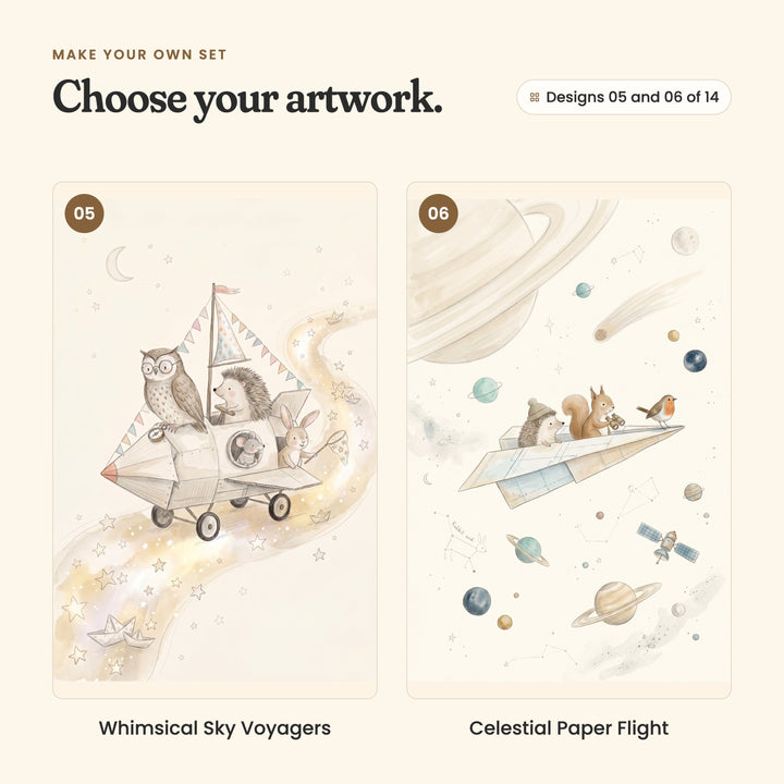 Designs 05 and 06 of 14: Whimsical Sky Voyagers, an owl, hedgehog, mouse and bunny in a rocket car on a starry road, and Celestial Paper Flight, a hedgehog, squirrel and robin on a paper plane