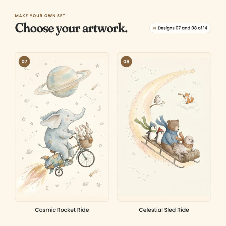 Designs 07 and 08 of 14: Cosmic Rocket Ride, an elephant on a rocket bicycle with two bunnies in the basket, and Celestial Sled Ride, a bear, two penguins and a seal sledding down a starry crescent