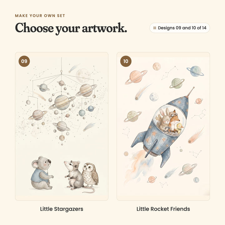 Designs 09 and 10 of 14: Little Stargazers, a koala, opossum and owl under a planet mobile, and Little Rocket Friends, a bunny, fox and duckling flying a blue rocket