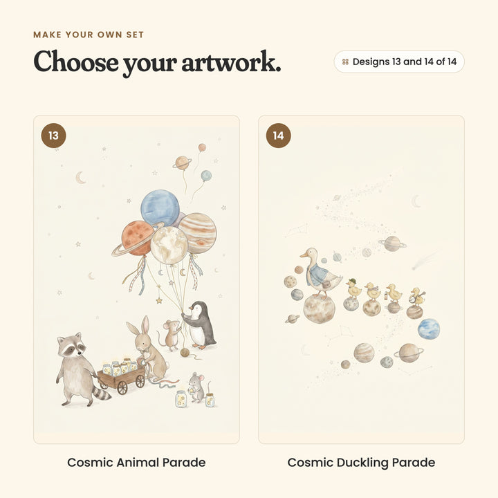 Designs 13 and 14 of 14: Cosmic Animal Parade, a raccoon, bunny, mice and penguin with planet balloons and jars of stars, and Cosmic Duckling Parade, a duck leading four ducklings across the planets