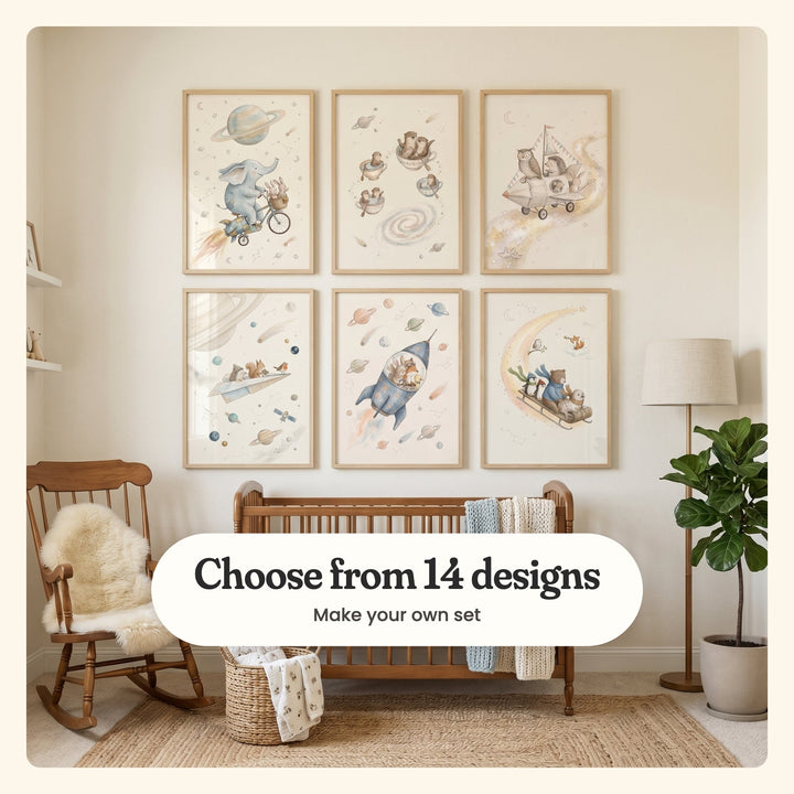Nursery with six space adventure animal prints in light wood frames above a wooden crib, beside a rocking chair with a sheepskin and a floor lamp, labeled Choose from 14 designs, Make your own set