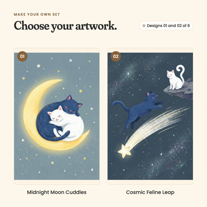 Designs 01 and 02 of 6: Midnight Moon Cuddles, a navy cat and a white cat curled up asleep on a crescent moon, and Cosmic Feline Leap, a navy cat leaping over a shooting star toward a white cat on a little rock