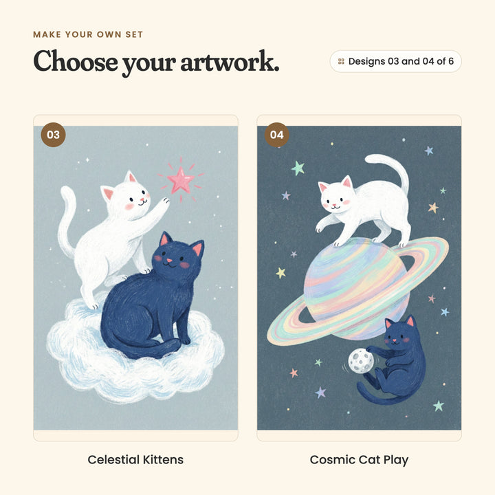 Designs 03 and 04 of 6: Celestial Kittens, a white cat reaching for a pink star from a navy cat's back on a cloud, and Cosmic Cat Play, a white cat on top of a ringed planet and a navy cat below with a little moon ball