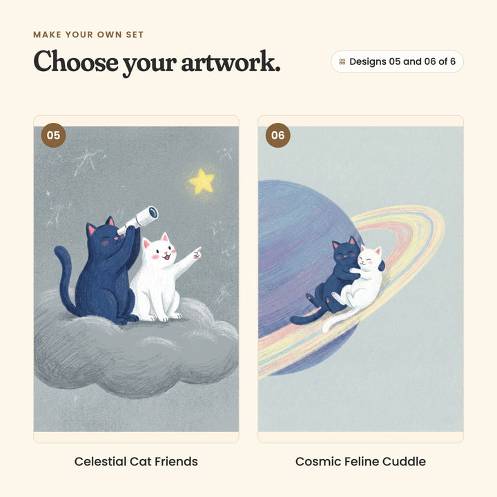 Designs 05 and 06 of 6: Celestial Cat Friends, a navy cat looking through a telescope as a white cat points at a star, and Cosmic Feline Cuddle, a navy cat and a white cat hugging on the rings of a big planet