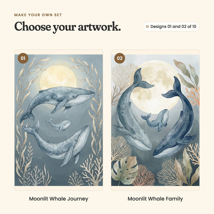 Designs 01 and 02 of 10: Moonlit Whale Journey, two whales and a calf swimming in a circle under the moon, and Moonlit Whale Family, two whales curving around a calf in front of a full moon, among coral
