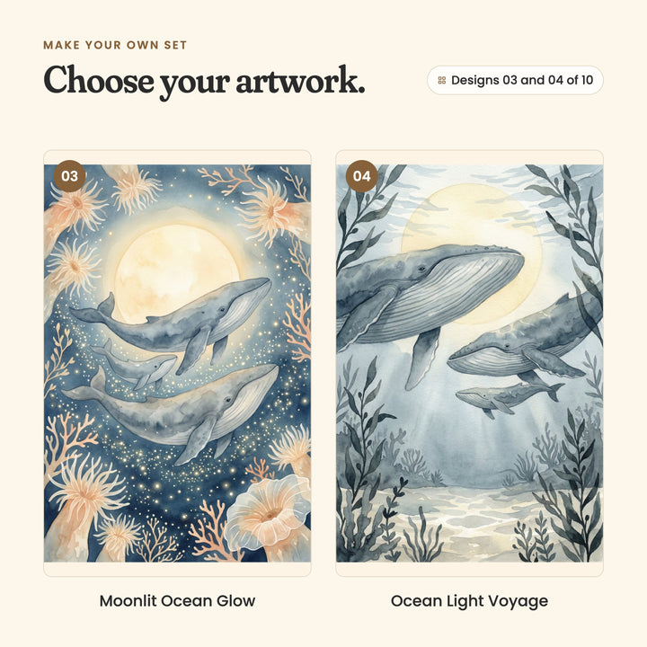 Designs 03 and 04 of 10: Moonlit Ocean Glow, whales swimming through sparkling navy water among peach sea anemones, and Ocean Light Voyage, whales and a calf gliding through rays of light over a sandy sea floor