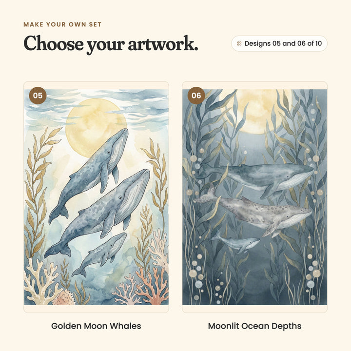 Designs 05 and 06 of 10: Golden Moon Whales, three whales swimming up toward the moon past golden seaweed, and Moonlit Ocean Depths, whales and a calf swimming through tall seaweed and bubbles