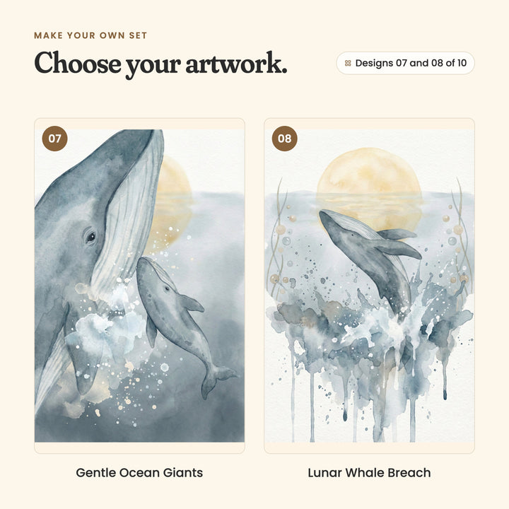 Designs 07 and 08 of 10: Gentle Ocean Giants, a big whale and a young whale side by side in a splash of spray, and Lunar Whale Breach, a whale leaping out of the sea in a burst of spray below the moon