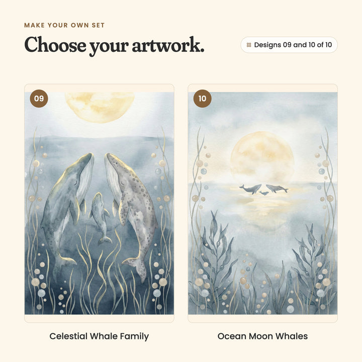 Designs 09 and 10 of 10: Celestial Whale Family, two whales and a calf rising toward the moon among gold edged seaweed, and Ocean Moon Whales, three small whales far off on a calm sea under a big pale moon