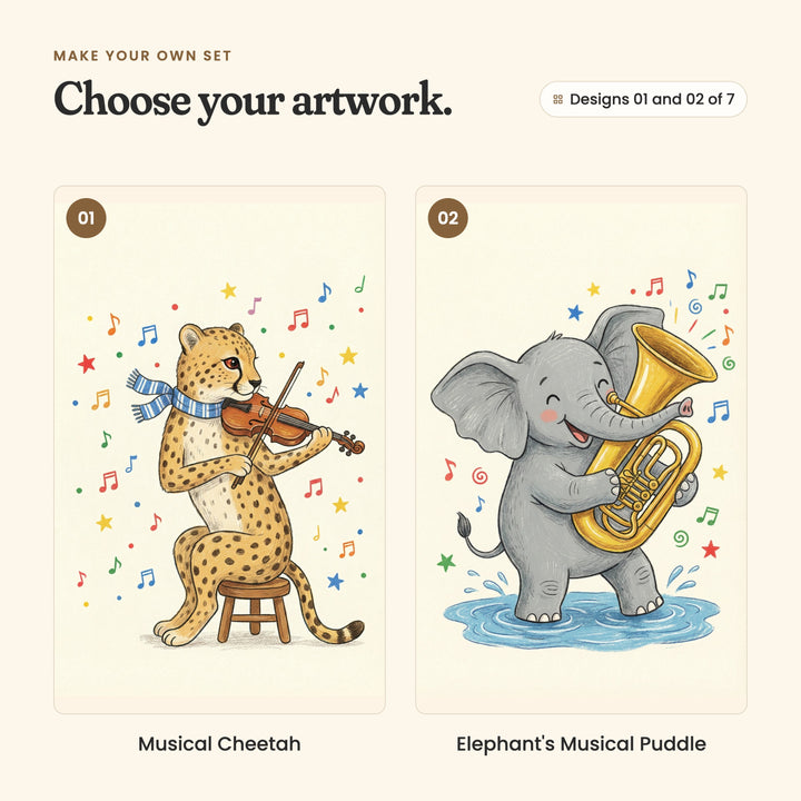Designs 01 and 02 of 7: Musical Cheetah, a cheetah in a striped scarf playing the violin on a little stool, and Elephant's Musical Puddle, an elephant splashing in a puddle while playing a golden tuba