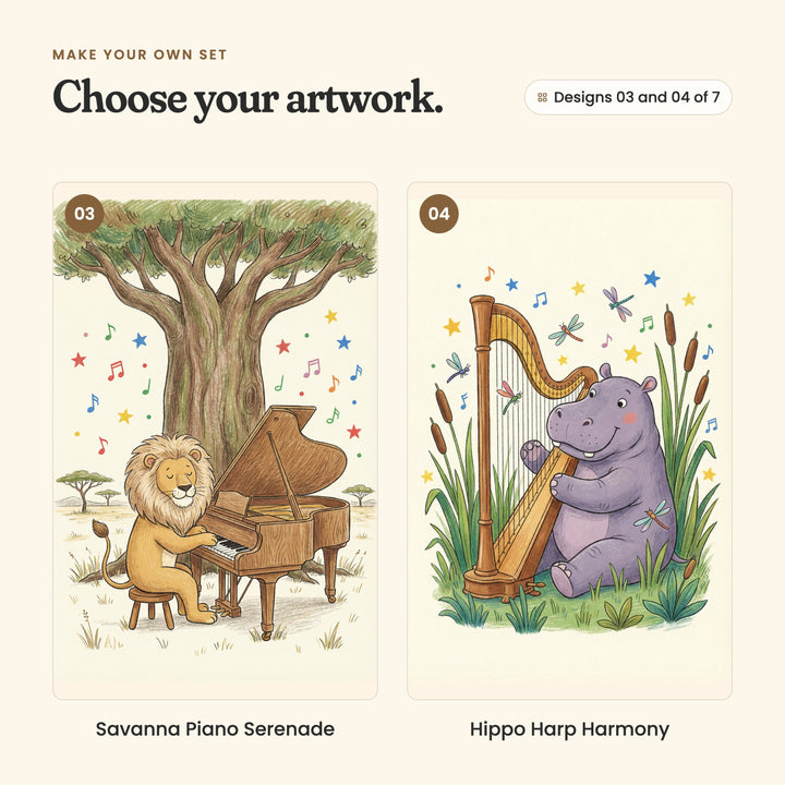 Designs 03 and 04 of 7: Savanna Piano Serenade, a lion playing a grand piano under a big shady tree, and Hippo Harp Harmony, a purple hippo playing a golden harp among tall reeds and dragonflies