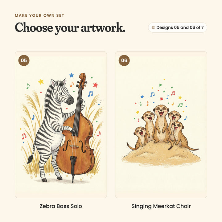 Designs 05 and 06 of 7: Zebra Bass Solo, a zebra playing a double bass in tall golden grass, and Singing Meerkat Choir, four meerkats singing together on a sandy mound