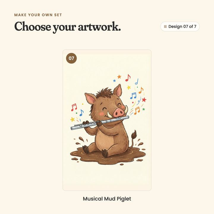 Design 07 of 7: Musical Mud Piglet, a warthog sitting in a mud puddle playing a silver flute