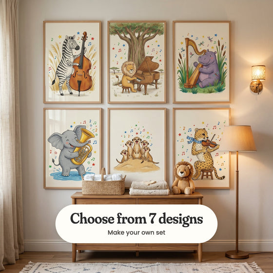 Nursery with six music-playing animal prints in light wood frames in two rows above a light wood dresser with a woven basket, folded towels and a plush lion, beside a floor lamp and a wall light: Zebra Bass Solo, Savanna Piano Serenade, Hippo Harp Harmony, Elephant's Musical Puddle, Singing Meerkat Choir and Musical Cheetah, with a label reading Choose from 7 designs, Make your own set