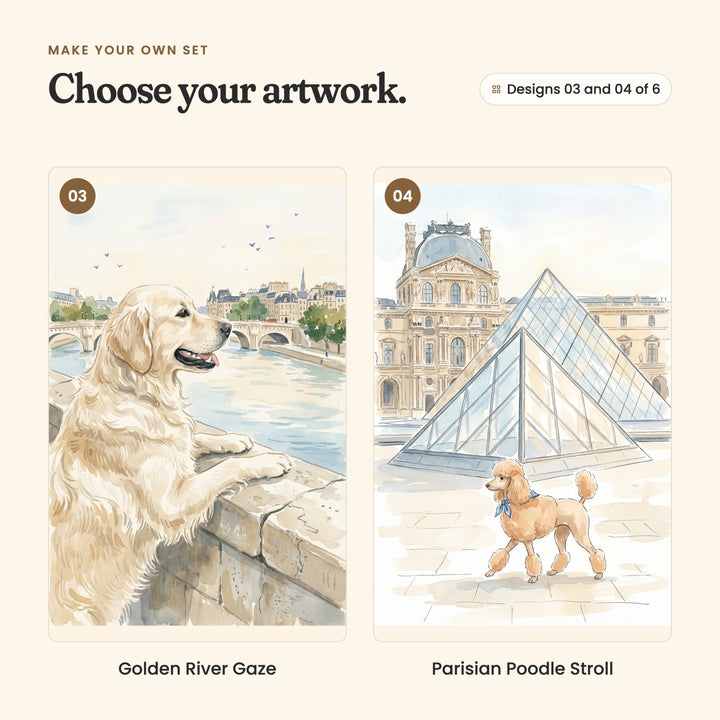 Designs 03 and 04 of 6: Golden River Gaze, a golden retriever leaning on a stone wall above the river, with a bridge behind, and Parisian Poodle Stroll, an apricot poodle in a blue scarf trotting past a glass pyramid