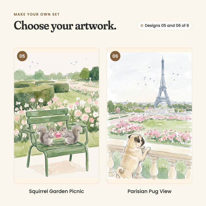Designs 05 and 06 of 6: Squirrel Garden Picnic, two squirrels sharing a pink macaron on a green garden bench among roses, and Parisian Pug View, a pug at a stone railing looking out at the Eiffel Tower over pink flower beds