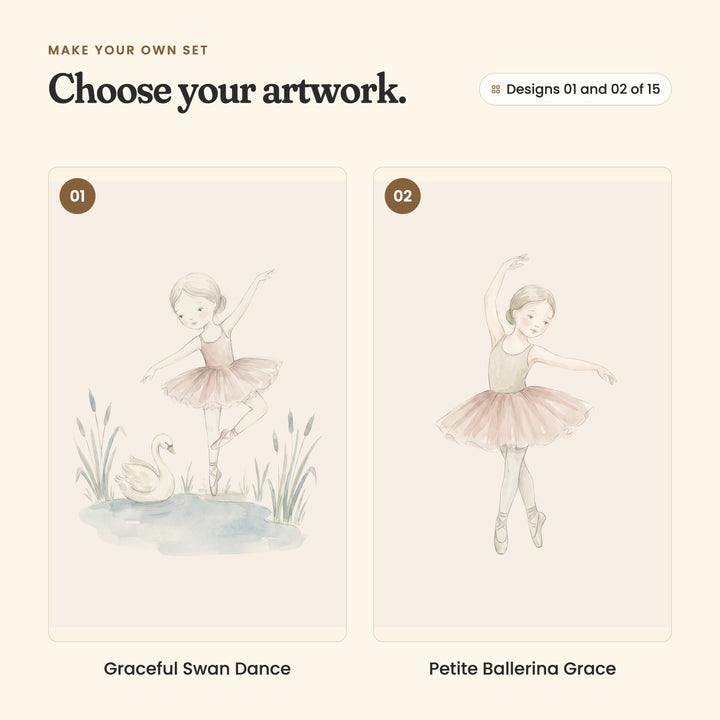 Designs 01 and 02 of 15: Graceful Swan Dance, a ballerina on pointe beside a swan on a small pond with cattails, and Petite Ballerina Grace, a ballerina in a sage leotard and pink tutu on pointe with one arm raised