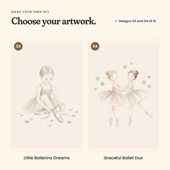 Designs 03 and 04 of 15: Little Ballerina Dreams, a seated ballerina tying her pointe shoe ribbons among scattered petals, and Graceful Ballet Duo, two ballerinas in pink and sage tutus holding hands among small flowers